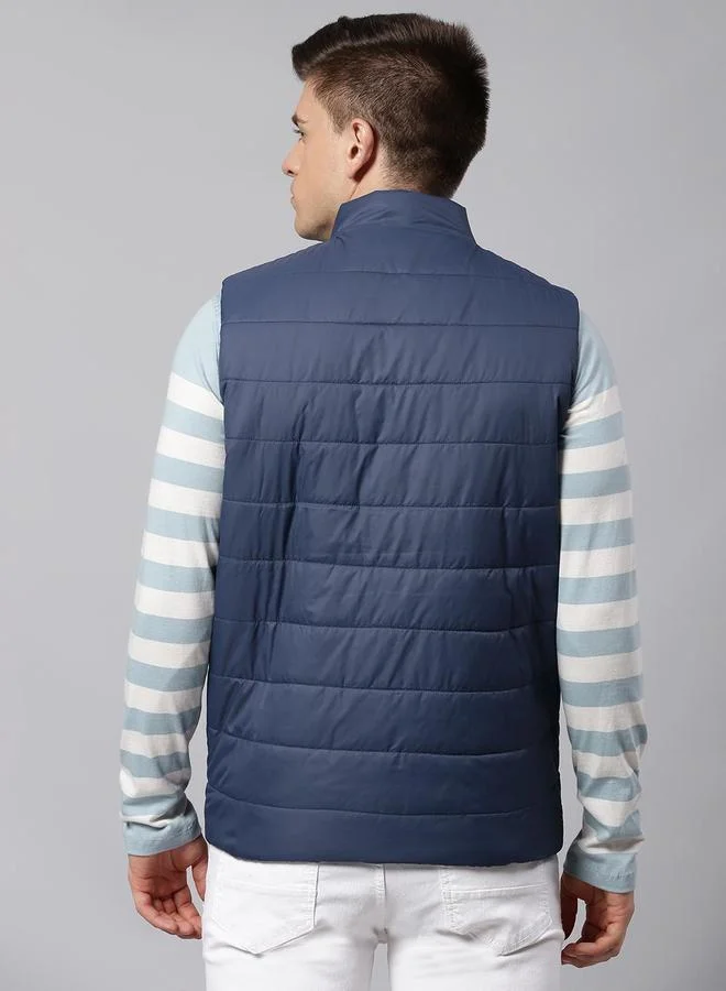 Dennis Lingo Bright Navy Regular Fit Men's Solid Mock Neck Sleeveless Polyester Jacket with Zipper Closure