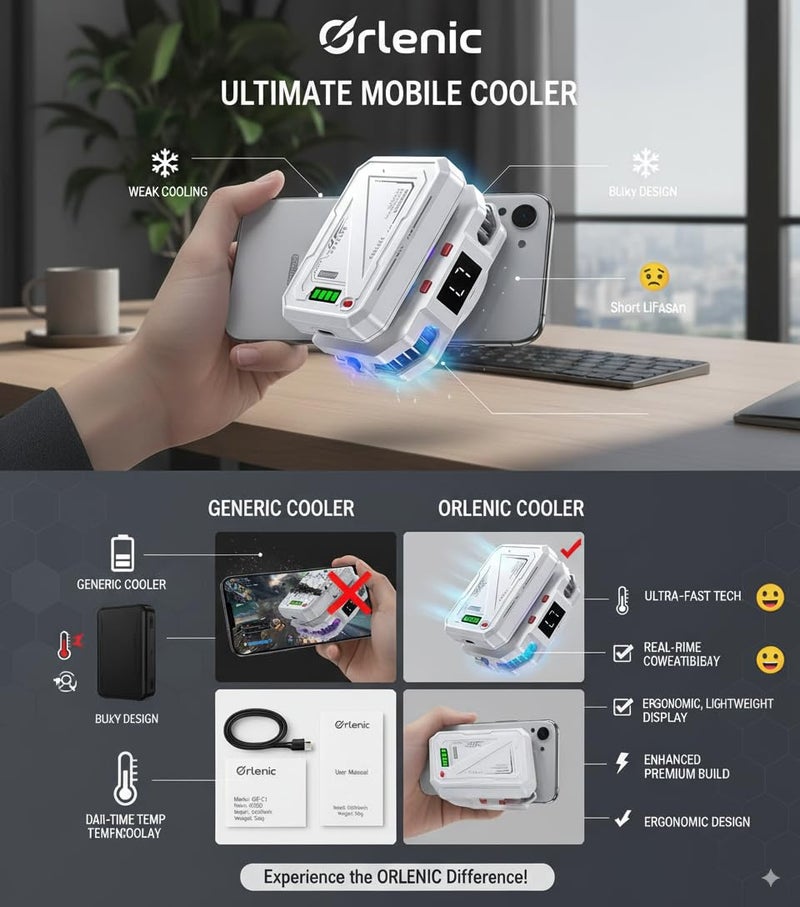 Orlenic Magnetic Phone Cooler – Rechargeable Semiconductor Cooling Fan w/RGB LED, Temp Display, 30×30 mm Cooling Plate & 7‑Level Fan Speed – Fast Gaming Phone Cooler - Image 5