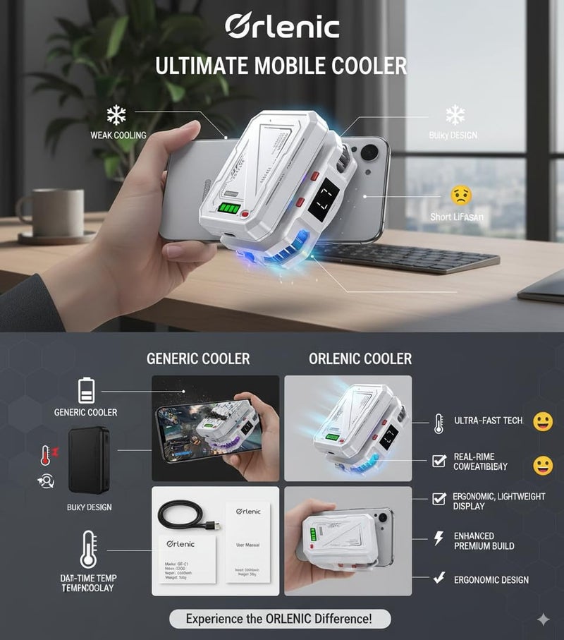 Orlenic Magnetic Phone Cooler – Rechargeable Semiconductor Cooling Fan w/RGB LED, Temp Display, 30×30 mm Cooling Plate & 7‑Level Fan Speed – Fast Gaming Phone Cooler - Image 3
