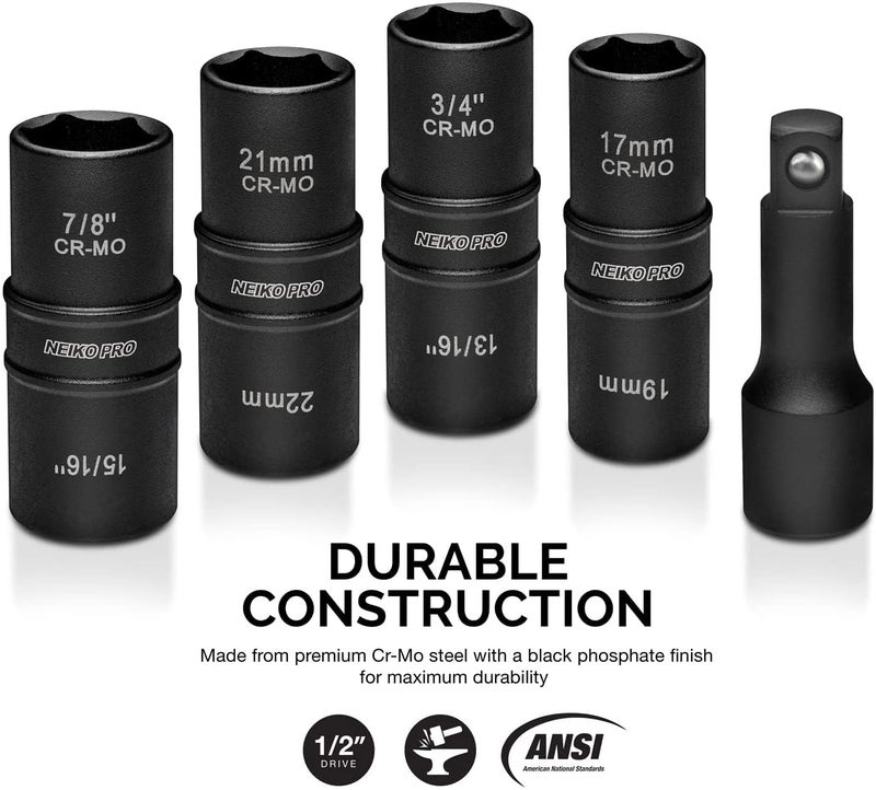 NEIKO 02282B 1/2-Inch-Drive Impact Socket Set, Flip Socket Set, Chrome Moly Steel, Includes 3-Inch Bar Extension, 8 Deep SAE and Metric Sizes, 5 Pieces - Image 2