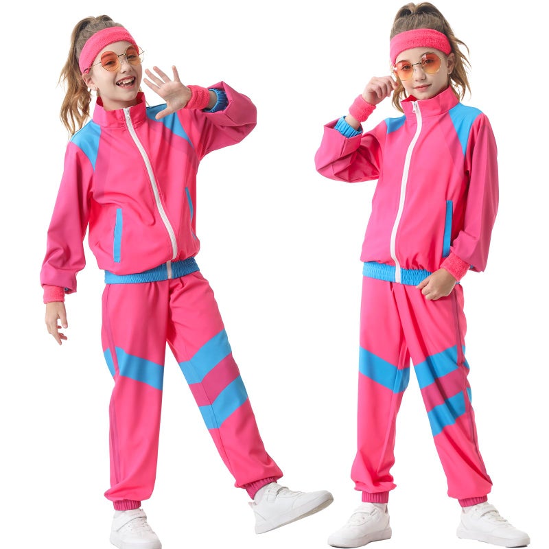 TIMSOPHIA 80s Tracksuit for Kids, 90s Outfits Boys Girls 6PCS Hip Hop Dance Costume, Colorblock Jacket for Retro Theme Party (Pink, 7-8 years) - Image 5