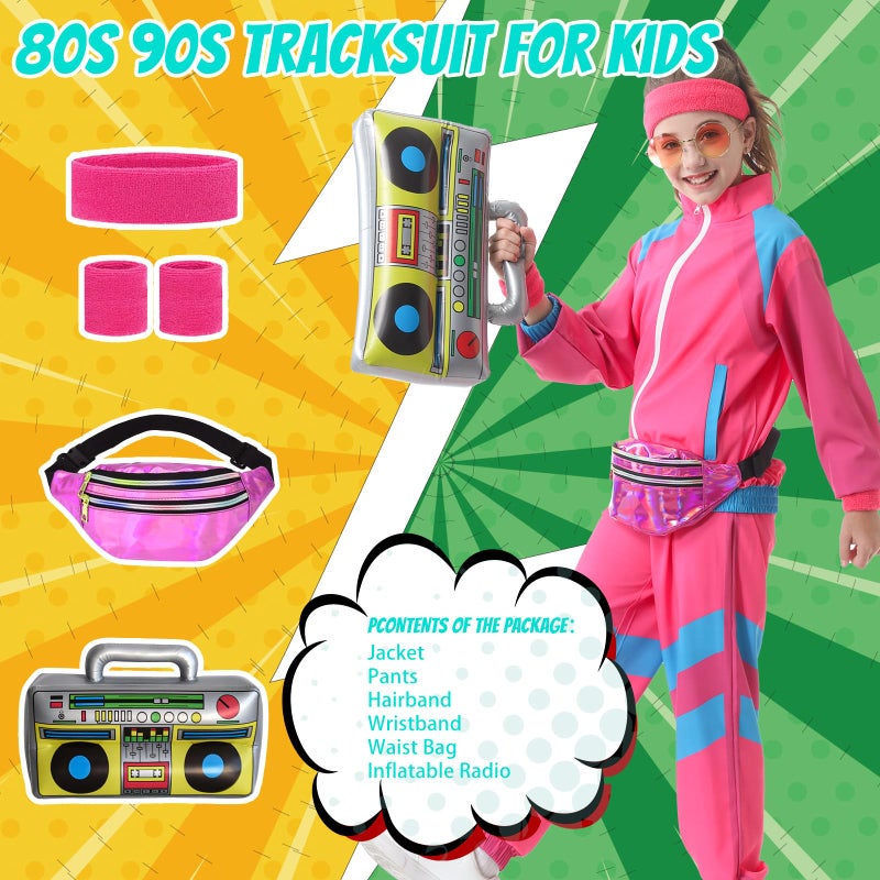 TIMSOPHIA 80s Tracksuit for Kids, 90s Outfits Boys Girls 6PCS Hip Hop Dance Costume, Colorblock Jacket for Retro Theme Party (Pink, 7-8 years) - Image 3