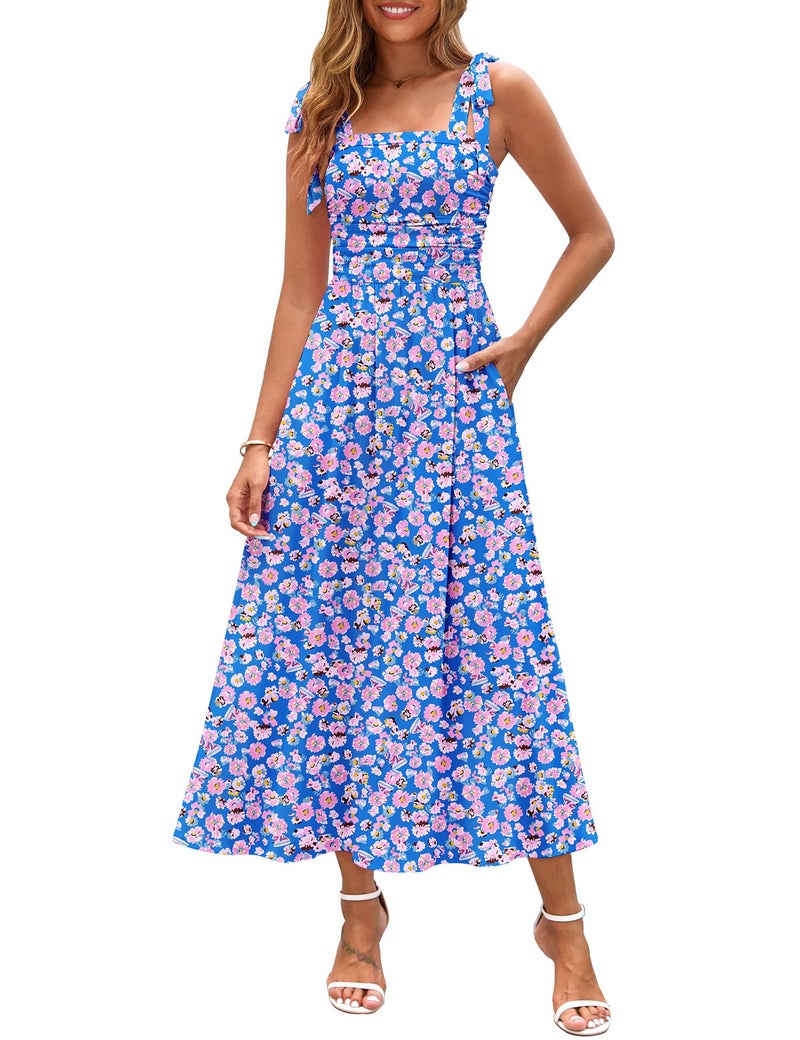 Zattcas Womens 2025 Summer Spaghetti Strap Floral Maxi Dress with Pockets Square Neck Sleeveless Petite Flowy Long Sundresses Beach Vacation Wedding Guest Dresses Bluepink S - Image 1