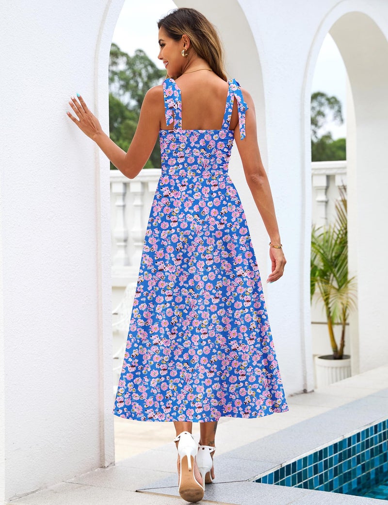 Zattcas Womens 2025 Summer Spaghetti Strap Floral Maxi Dress with Pockets Square Neck Sleeveless Petite Flowy Long Sundresses Beach Vacation Wedding Guest Dresses Bluepink S - Image 4