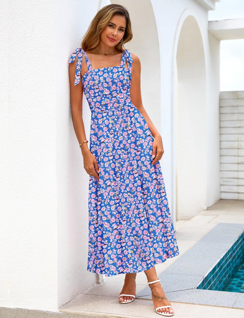 Zattcas Womens 2025 Summer Spaghetti Strap Floral Maxi Dress with Pockets Square Neck Sleeveless Petite Flowy Long Sundresses Beach Vacation Wedding Guest Dresses Bluepink S - Image 3