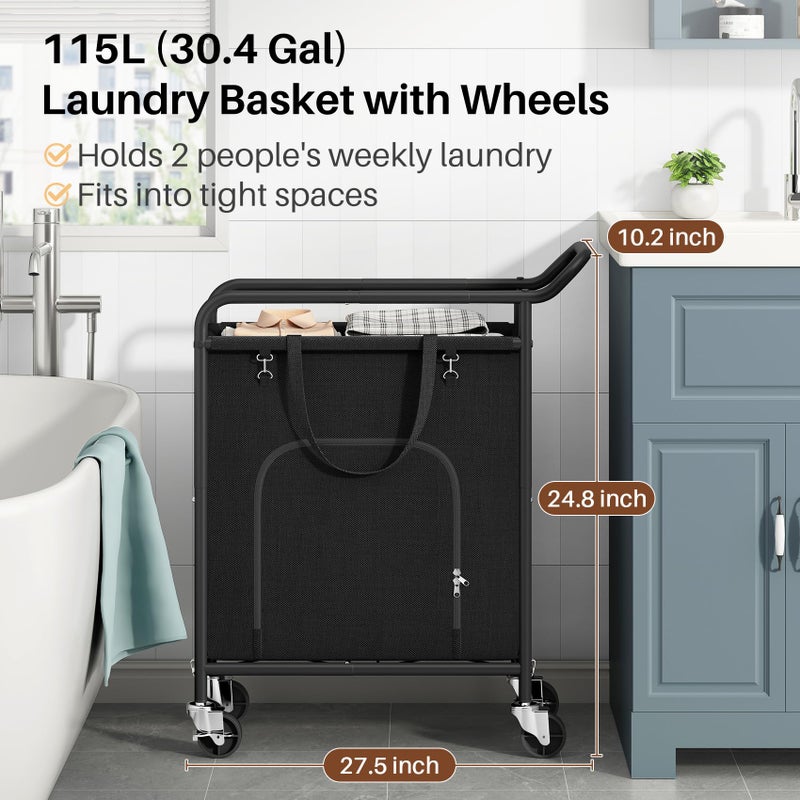 Branwick Laundry Basket with Wheels,114L Large Rolling Laundry Hamper, Heavy-Duty Laundry Cart Sturdy Metal Frame with Handle, Minimizes Bending Easy Access Clothing for Bedroom, Bathroom, Laundry Room (Black) - Image 2