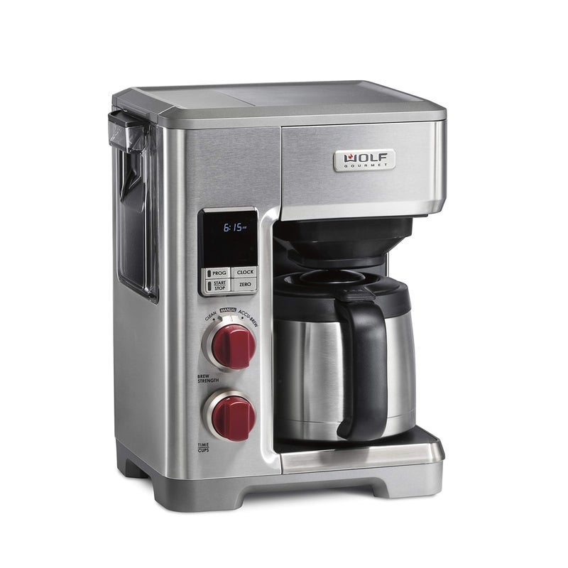 WOLF GOURMET WOLF GOURMET Programmable Coffee Maker System with 10 Cup Thermal Carafe BuiltIn Grounds Scale Removable Reservoir Red Knob Stainless Steel WGCM100S