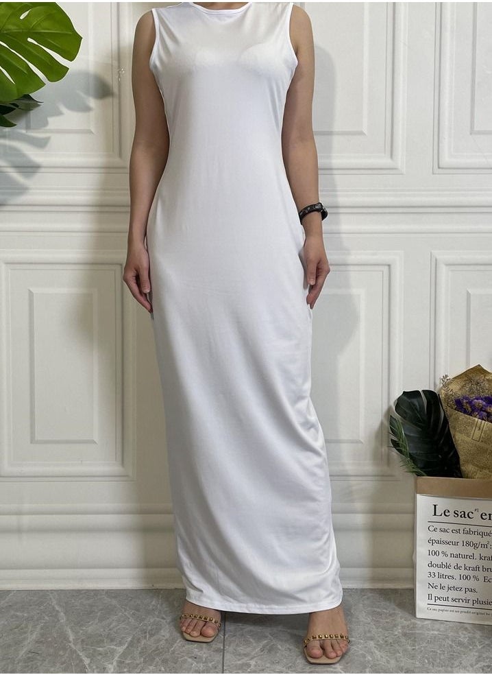 Loquat Muslim Solid Casual Sleeveless Bottomed Dress Abaya White  - Image 1