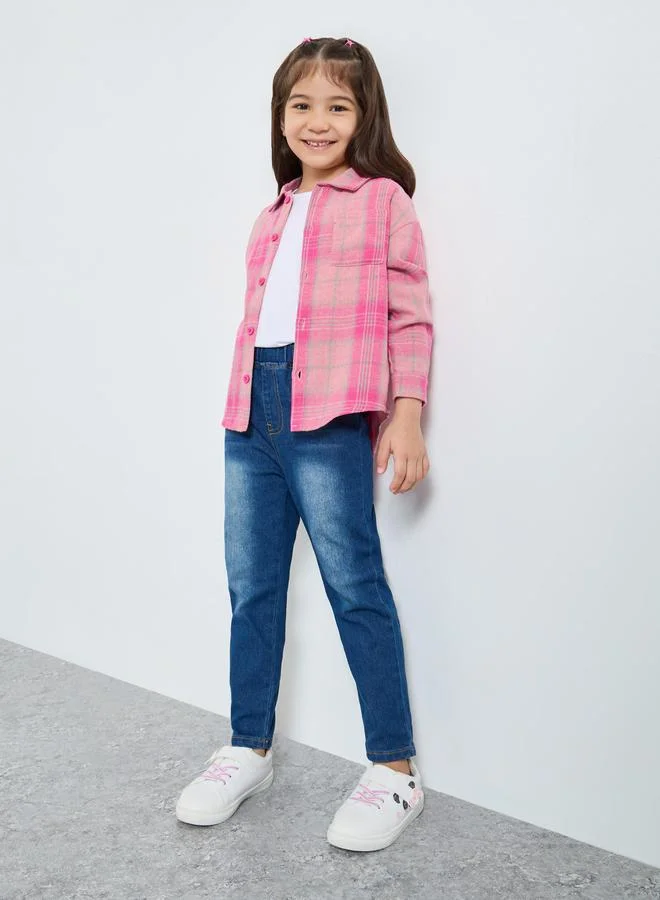 ستايلي بلوزة بطبعة مربعات مع جيب مُرقع