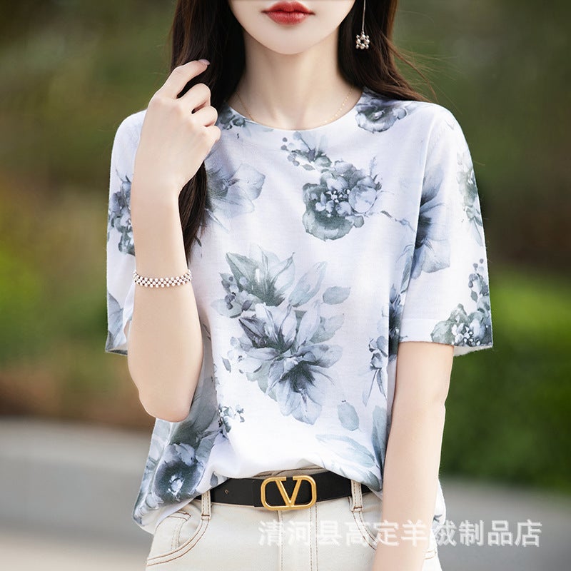 There Is Always A Suitable One-Summer Classic Joker Mulberry Silk Various Printed Pattern Round Neck Short Sleeve T-Shirt - Image 1