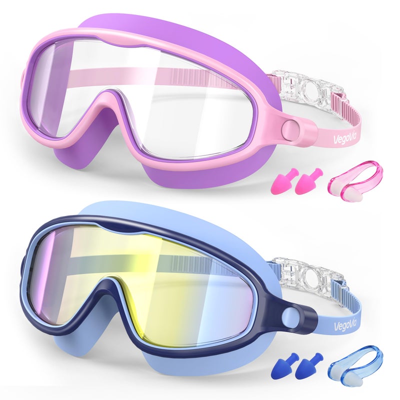 VegoVia 2 Pack Swim Goggles for Kids 6-14, Swimming Pool Goggles for Kids 8-14, Anti-Fog UV Protection for Toddler Youth Teens Boys Girls 6-14, 180Â°Wide View No Leaking for Pool Beach - Image 1