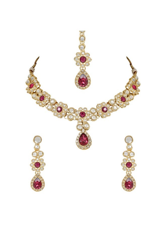 I Jewels - I Jewels 18K Gold Plated Traditional Floral Design Kundan Stones Studed Necklace Jewellery Set with Earrings & Maang Tikka for Women And Girls (IJ375Q) - Image 1