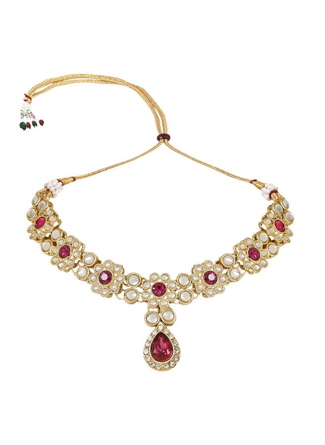 I Jewels - I Jewels 18K Gold Plated Traditional Floral Design Kundan Stones Studed Necklace Jewellery Set with Earrings & Maang Tikka for Women And Girls (IJ375Q) - Image 1