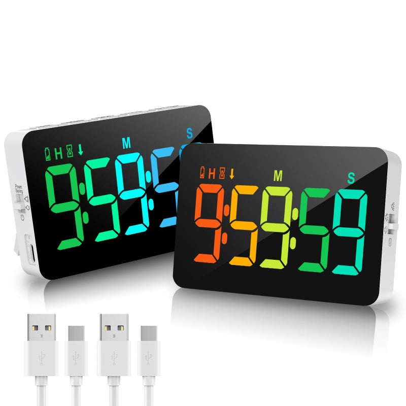 2 Packs Rechargeable TimersDigital Kitchen Timer with 10 Dynamic RGB Color Magnetic Classroom Timer with Countdownup with 5LED Display 3 Brightness 4 Volume Adjustable