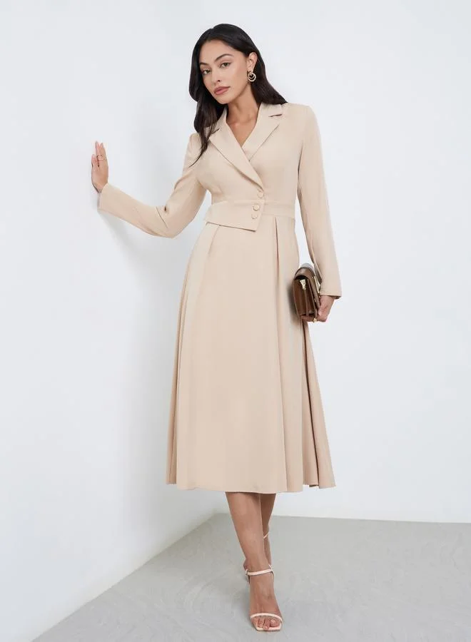 Styli Beige Long Sleeves Blazer Midi Dress