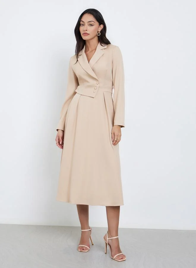 Styli Styli Beige Long Sleeves Blazer Midi Dress