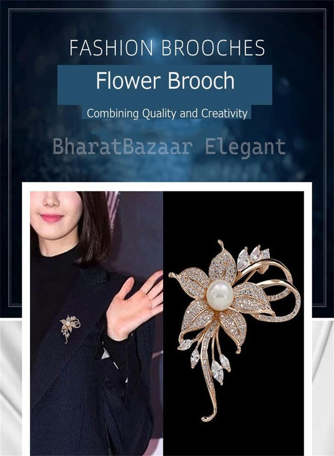 BharatBazaar Crystal Pearl Elegant Five-Petal Flower Brooch Pin for Women, Rhinestone Saree Brooch Pin for Women, Saree Pin for Pleats with Blouse and Wedding Attire - Image 4