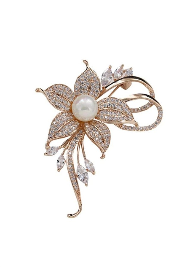 BharatBazaar Crystal Pearl Elegant Five-Petal Flower Brooch Pin for Women, Rhinestone Saree Brooch Pin for Women, Saree Pin for Pleats with Blouse and Wedding Attire - Image 1