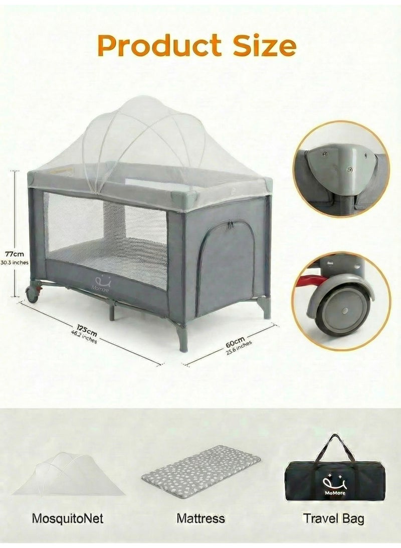 أم أكثر سرير أطفال متنقل 3 في 1 مع ناموسية من مومور (125×60×77 سم) - مهد مواليد قابل للطي بقماش آمن للبشرة، عجلات بفرامل أمان وباب جانبي - ساحة لعب واسعة للكشتة والبيت - رمادي - Image 2