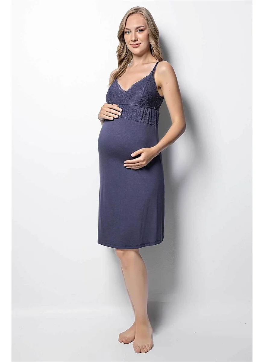 Monamise Women Navy Blue Maternity Nightgown and Dressing Gown Set 18428