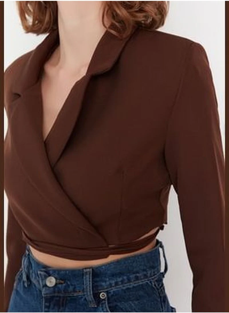 trendyol Brown Crop Weave Lined Double Breasted Closeup Blazer Jacket TWOAW23BC00100