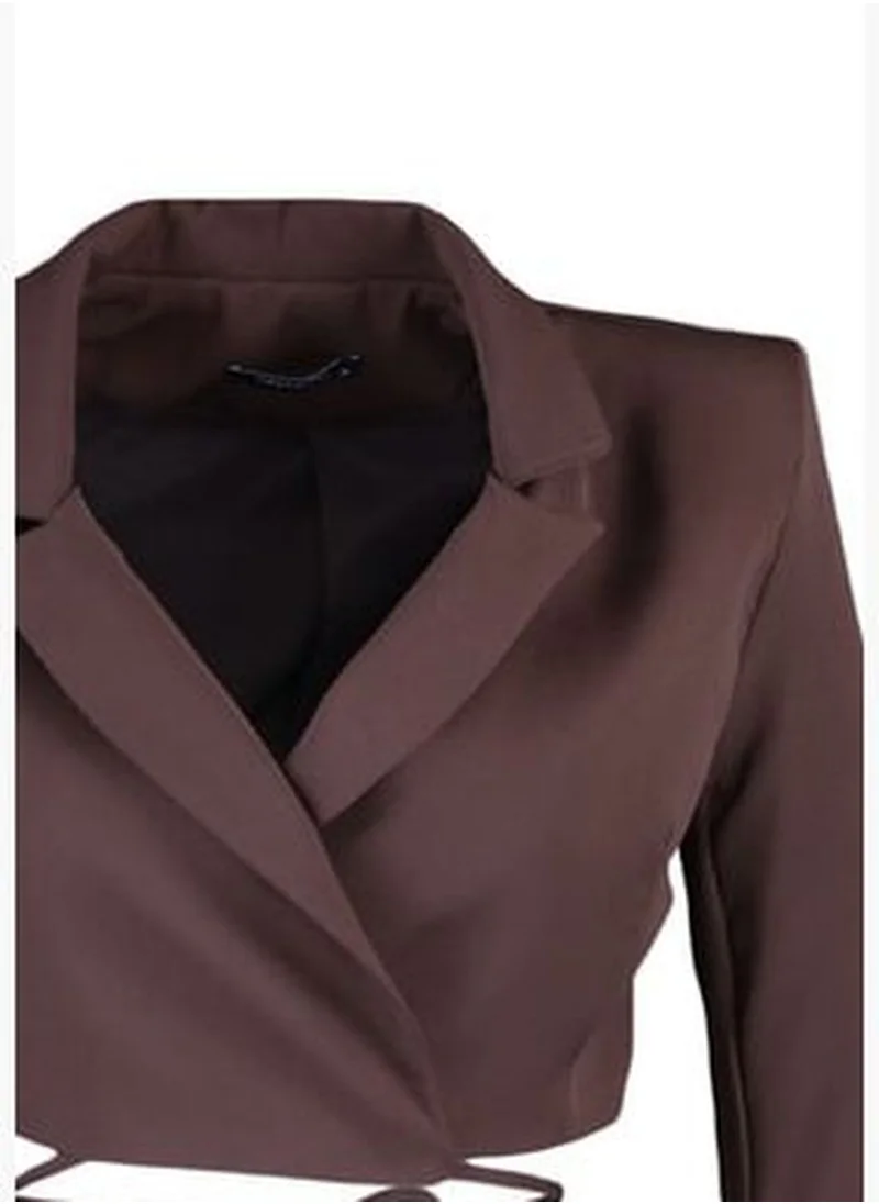 trendyol Brown Crop Weave Lined Double Breasted Closeup Blazer Jacket TWOAW23BC00100