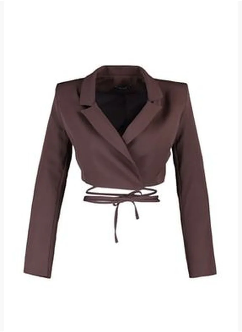 trendyol Brown Crop Weave Lined Double Breasted Closeup Blazer Jacket TWOAW23BC00100