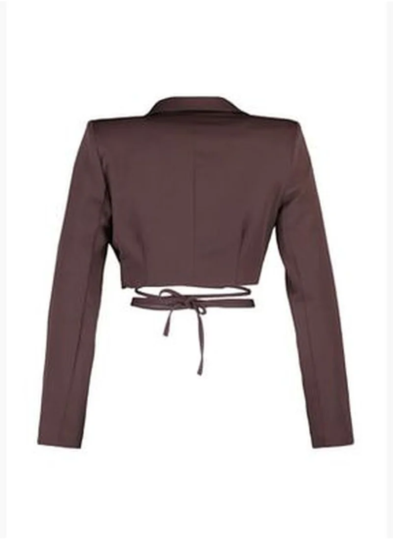 trendyol Brown Crop Weave Lined Double Breasted Closeup Blazer Jacket TWOAW23BC00100