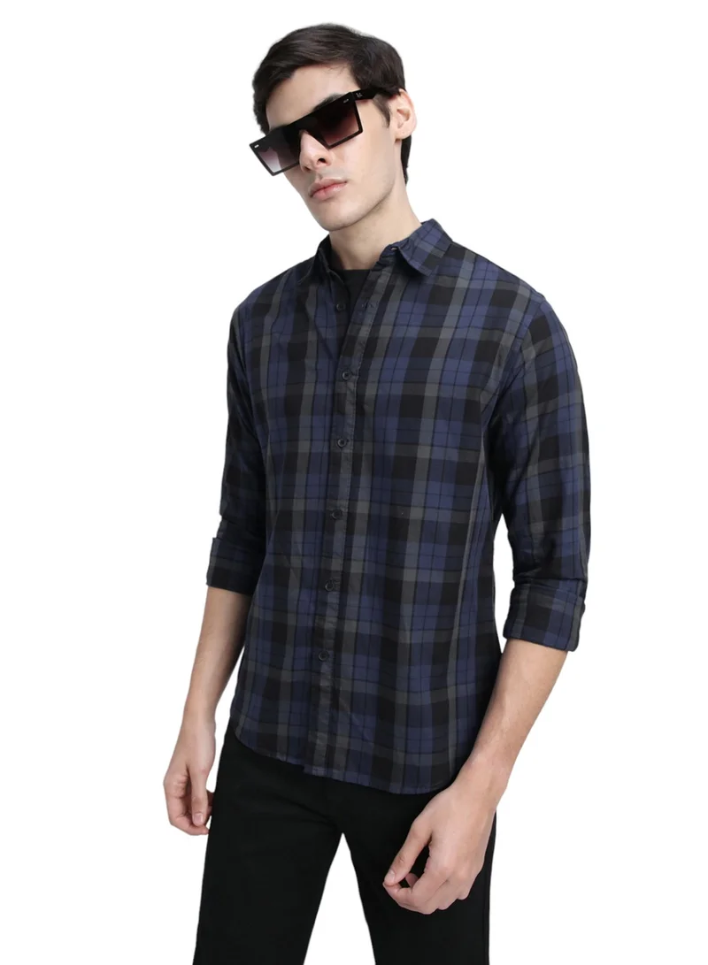 Dennis Lingo Men's Blue 100% Cotton Checkered Slim FiT-Shirt