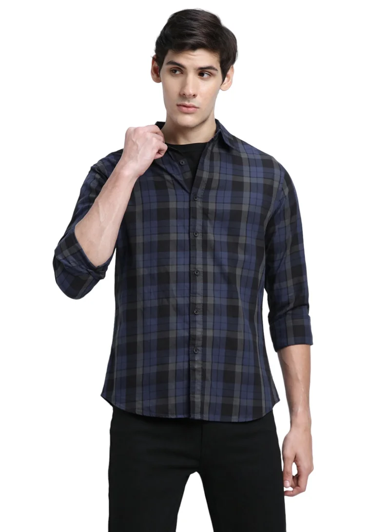 Dennis Lingo Men's Blue 100% Cotton Checkered Slim FiT-Shirt
