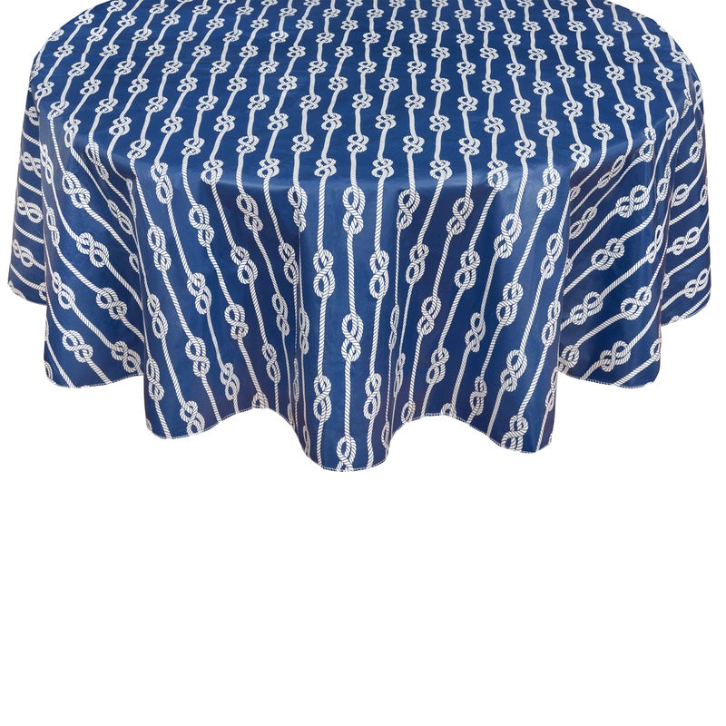 Newbridge Oval Vinyl Tablecloth with Flannel Backing Navy Blue Nautical Rope Stripe 60 x 84 Inch Coastal Striped Indoor Outdoor Wipe Clean Picnic BBQ and Dining Table Cover