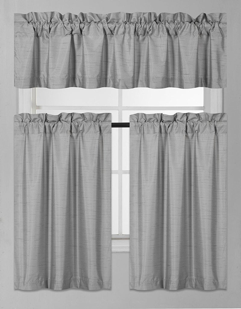 Fancy Collection 3 Pieces Faux Silk Blackout Kitchen Curtain Set  Tier Curtains and Valance Solid SilverLight Grey Window Thermal Backing Drapes New