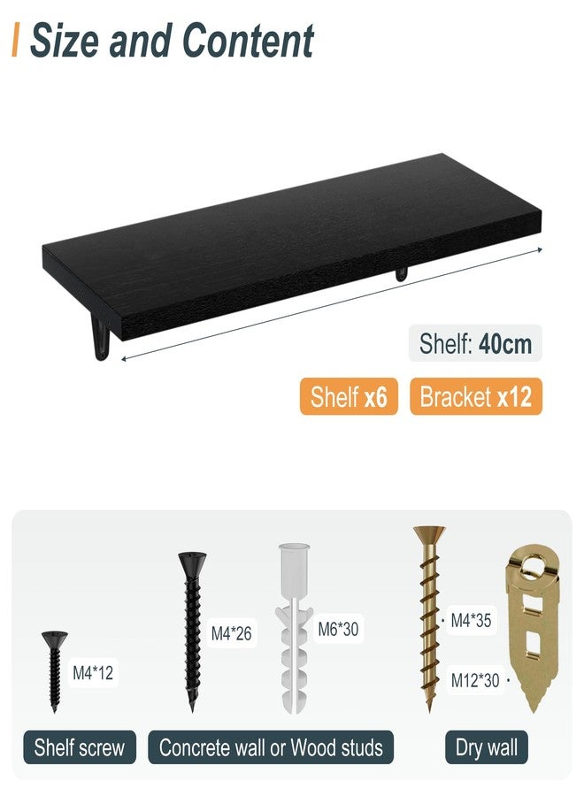 SKYSEN Floating Shelves for Wall Set of 6, 15.7in Wood Wall Shelf for Decor, Bathroom, Bedroom, Storage, Book,Kitchen, Living Room - Black(fs-40-b) - Image 3