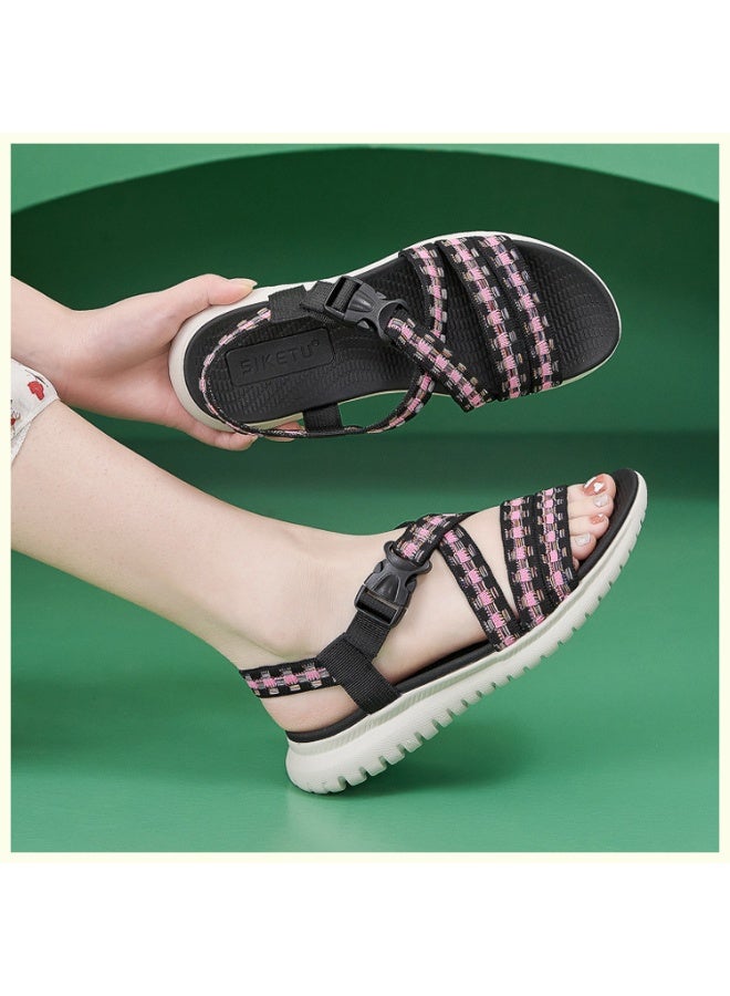NIBEMINENT Ethnic Style Women Sandals Adjustable Buckle Cross Narrow Band Shoes Strappy Patchwork Beach Shoes - Image 2