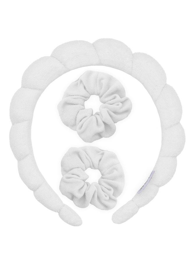 FROG SAC - Puffy Spa Headband And Wristbands For Face Washing, Skincare Headbands For Women, Terry Cloth Makeup Skin Care Headbands For Girls, Bubble Make Up Hair Accessories (White) - Image 1