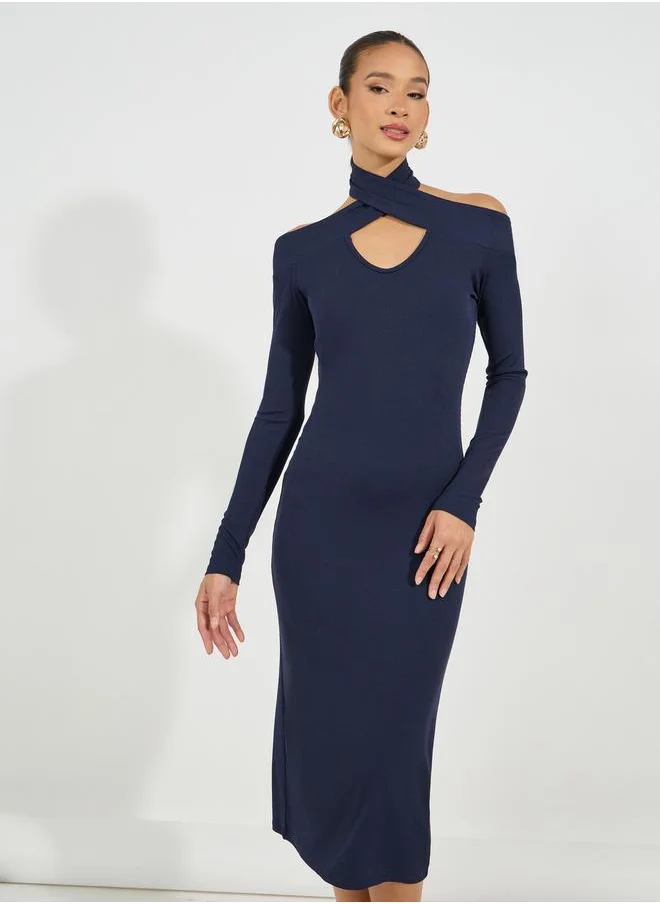 Styli Cut-Out Detail Ribbed Bodycon Midi Dress