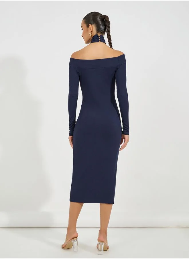 Styli Cut-Out Detail Ribbed Bodycon Midi Dress