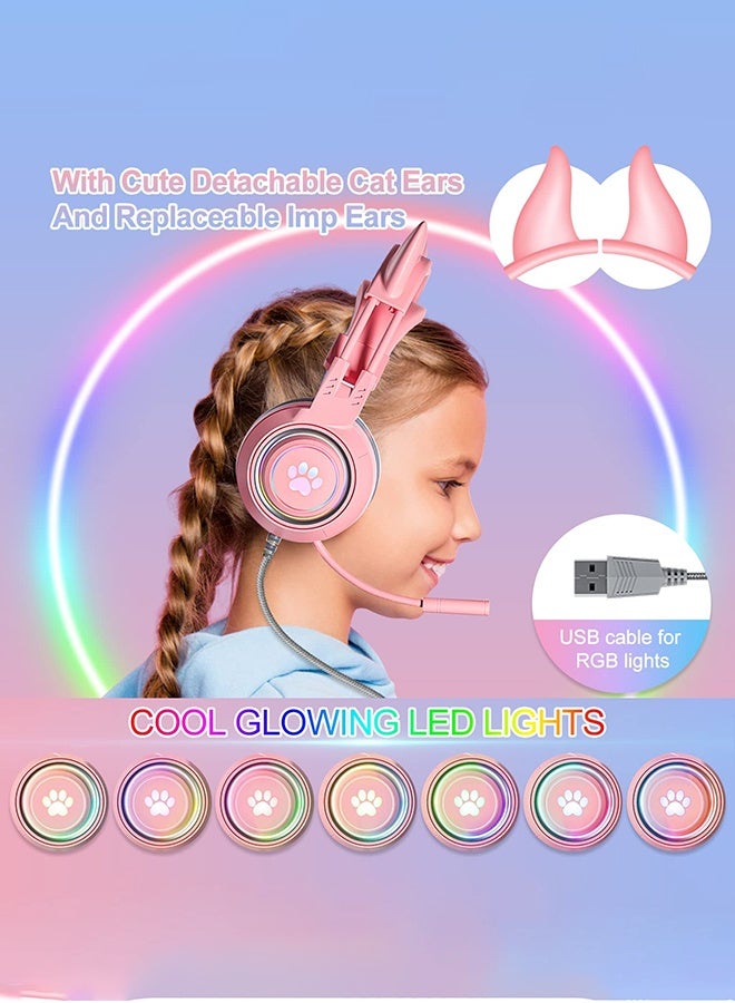 3.5mm Wired USB Headphones, Over Ear Headphones, Cat Ear Kids Gaming Headset with Microphone for Laptop/PC /PS4 /PS5 /Xbox/Nintendo Switch, RGB Light Up 3.5mm Wired USB Headset - Image 4