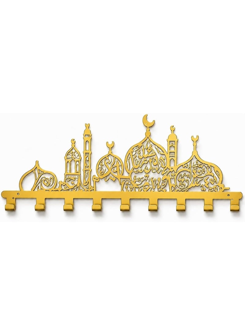 سلاسة علاقة جدارية أكريليك مزينة بزهرة مسجد من SLASA، رف مفاتيح ومعاطف فني إسلامي، 50 × 15 سم، ذهبي - Image 1