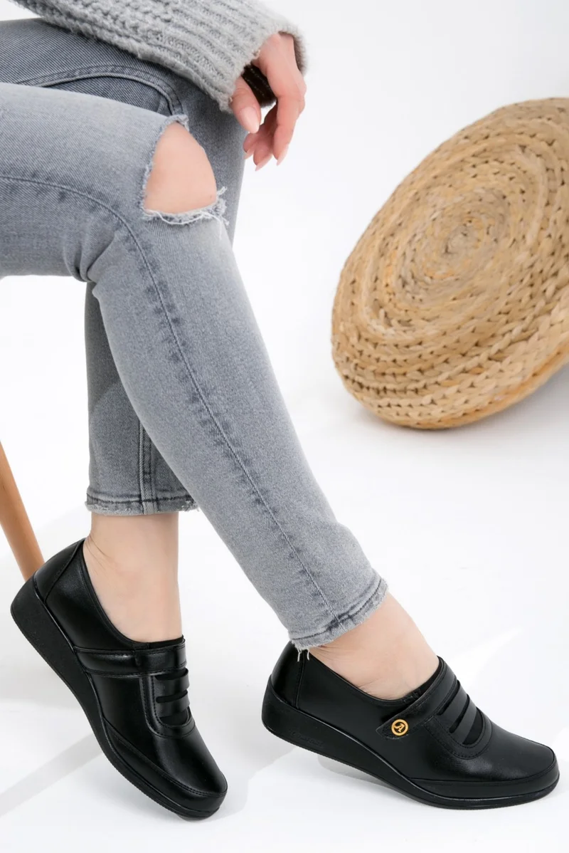 Kaof Shoes Women's Black Classic Shoes Orthopedic Mother Shoes Mother Ballerina Shoes Women's Casual Shoes Mother Shoes