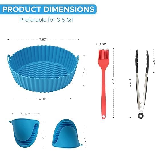 Zoltiva Zoltiva 3 Air Fryer Silicone Liners 3 Air Fryer Accessories 75 inch 35 Qt Food Grade Reusable Silicone BasketsPotsLiners with Oven Mitts Basting Brush and Tongs Multicolour  - Image 2