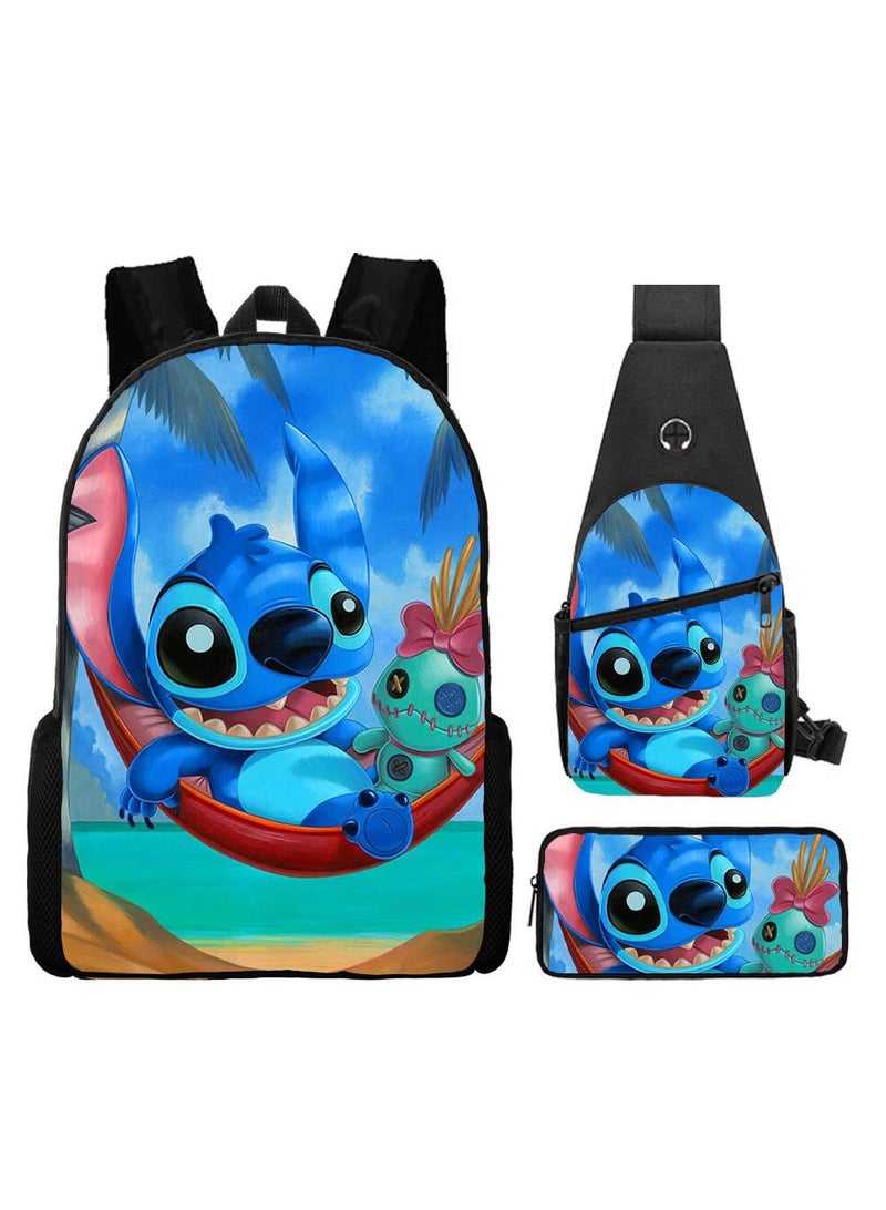 general 3-Piece Cartoon Stitch 3D Print Backpack Set - Image 1