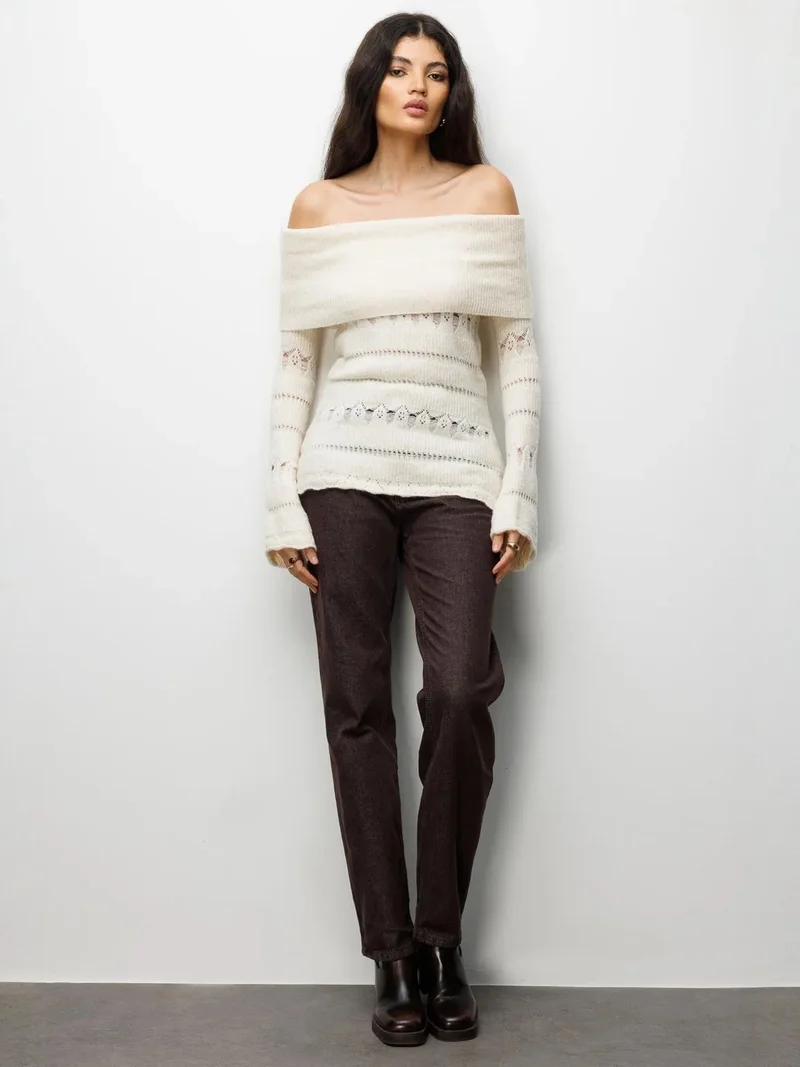 MixRay MIXRAY Off Shoulder Textured Ribbed Sweater with Cut Out Details