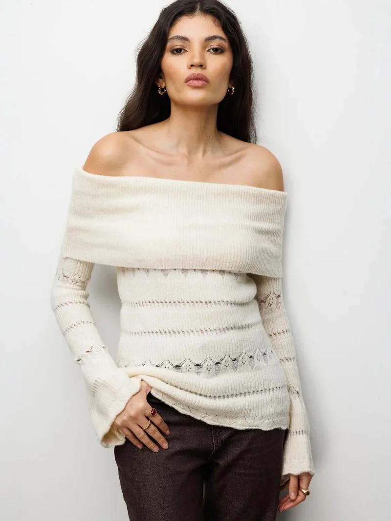 Mixray Natural MIXRAY Off Shoulder Textured Ribbed Sweater with Cut Out Details for Women | Best Price UAE