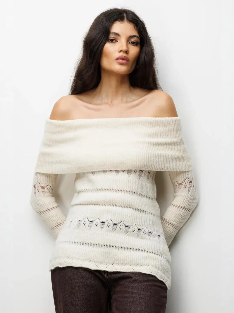 MIXRAY Off Shoulder Textured Ribbed Sweater with Cut Out Details
