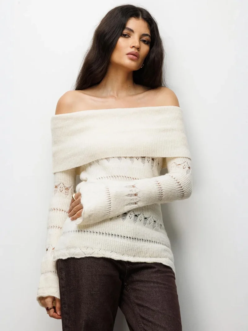 Mixray Natural MIXRAY Off Shoulder Textured Ribbed Sweater with Cut Out Details for Women | Best Price UAE