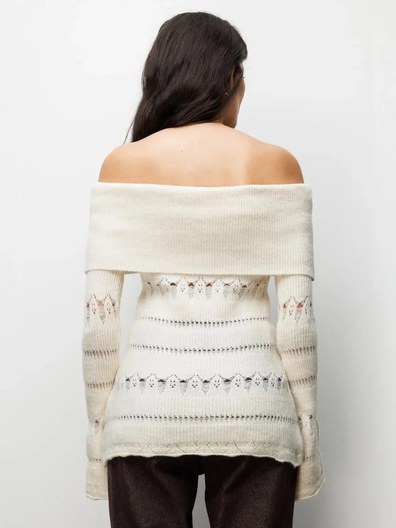 Mixray Natural MIXRAY Off Shoulder Textured Ribbed Sweater with Cut Out Details for Women | Best Price UAE