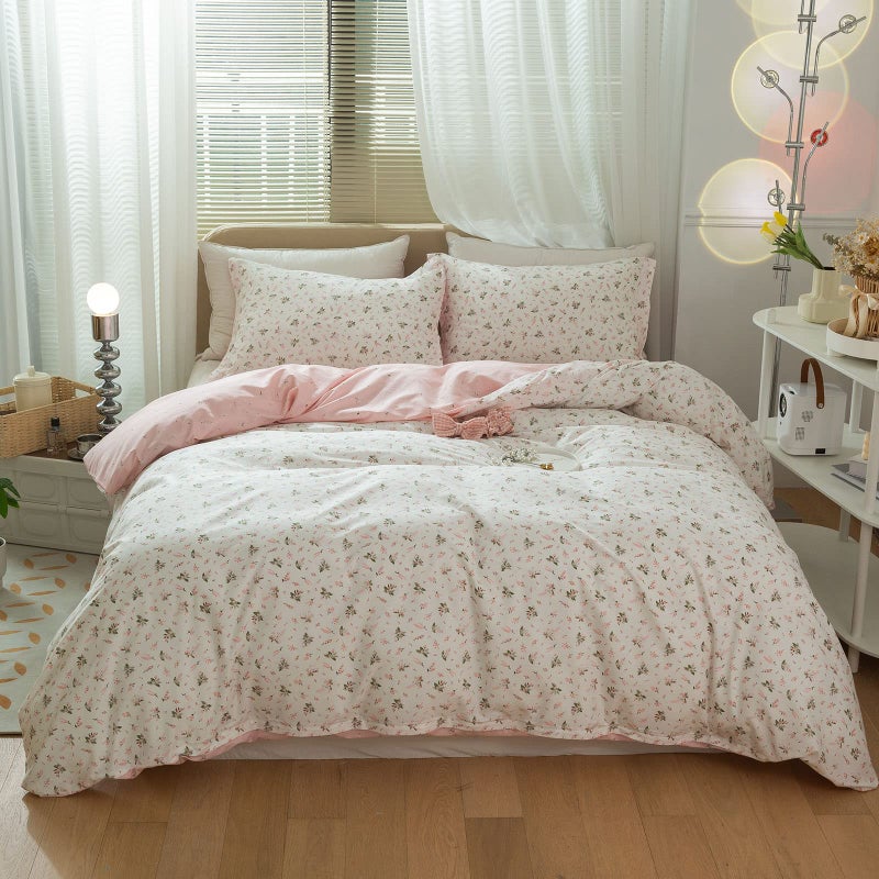 AMZTOP AMZTOP Women Girls Pink Duvet Cover Queen Flower Comforter Cover Cotton Duvet Cover Full Reversible White Pink Bedding Set Chic Girls Soft Comforter Cover with Zipper Closure 