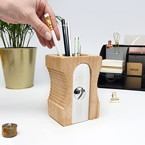 Suck UK Pen Holder - Wooden Pencil Sharpener - Stationary Organiser - Desk Tidy - Quirky Office Desk Accessories - Funny Pencil Pot Novelty Pen Holder - Vintage Teacher Gifts For Men - Light - Image 3