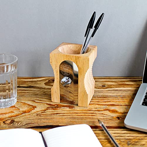 Suck UK Pen Holder - Wooden Pencil Sharpener - Stationary Organiser - Desk Tidy - Quirky Office Desk Accessories - Funny Pencil Pot Novelty Pen Holder - Vintage Teacher Gifts For Men - Light - Image 5